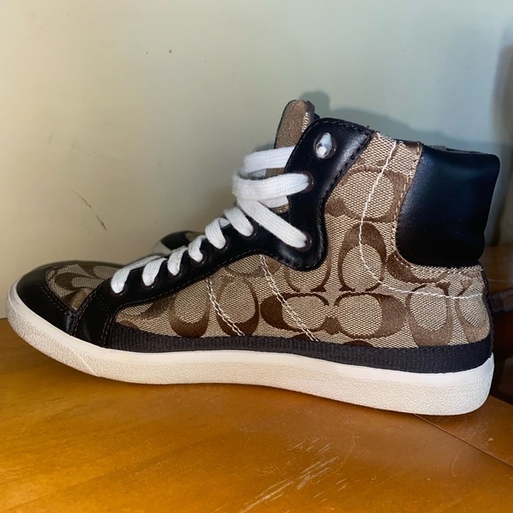 Coach Ellis Brown and Black High-Top Monogram Women Sneakers - Picture 5 of 11